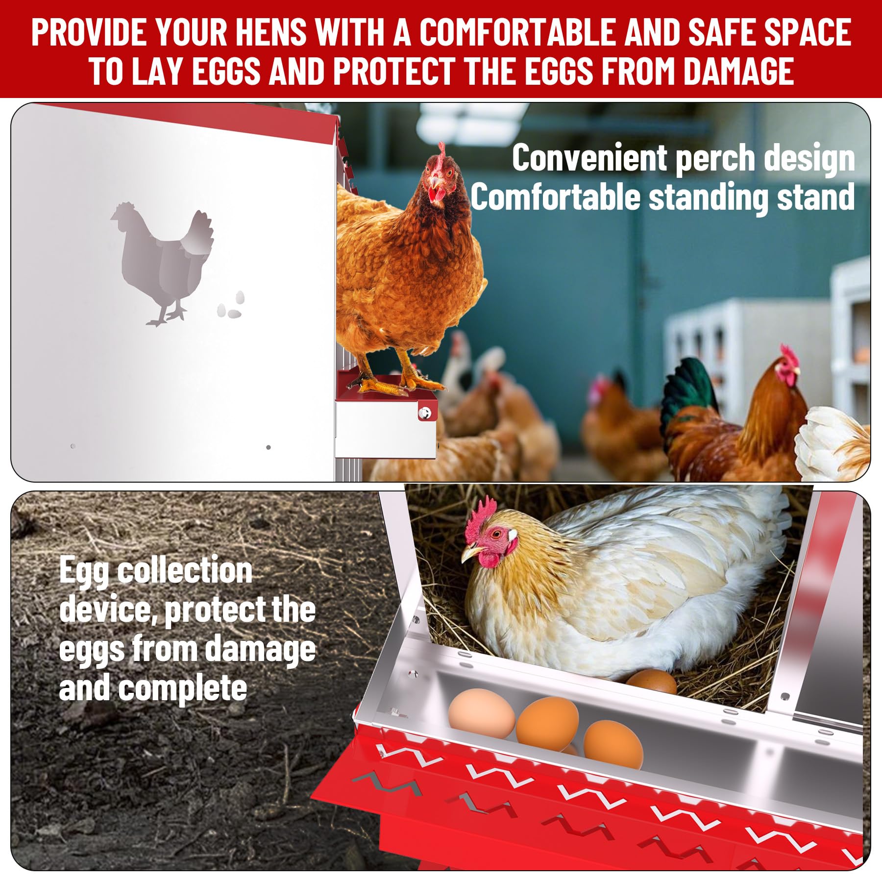 Garvee pondoir pour poules à 6 compartiments avec pieds, collecteur d’œufs automatique en acier galvanisé de 0,7 mm, nichoir avec toit incliné pour volailles, poulailler et ferme, rouge