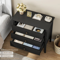 Commode Garvee noire cannelée à 3 tiroirs, design moderne cannelé, MDF P2, blanc, 80 cm (L) x 75 cm (H), idéale pour la chambre et le couloir.