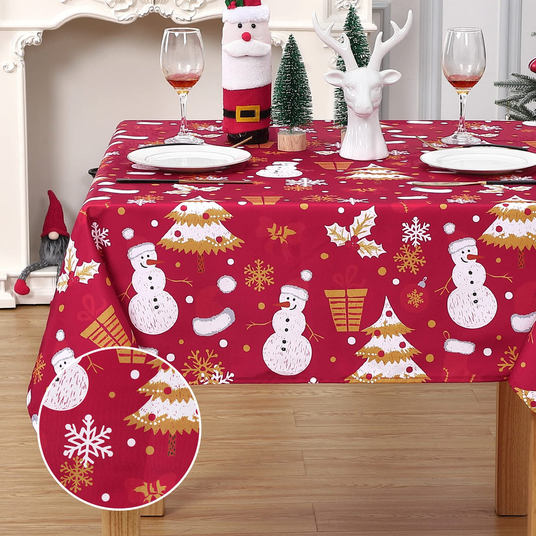 Nappe de Noël Garvee Bonhomme de neige imperméable et moderne verte 137 x 228 cm pour fête, cuisine, salon