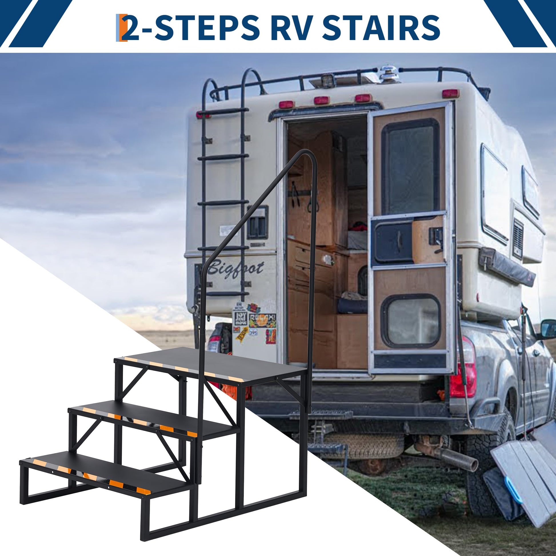 Escalier 3 marches Garvee RV avec rampe – Marches pliables en aluminium, antidérapantes, pour camping-car, piscine et spa, noir