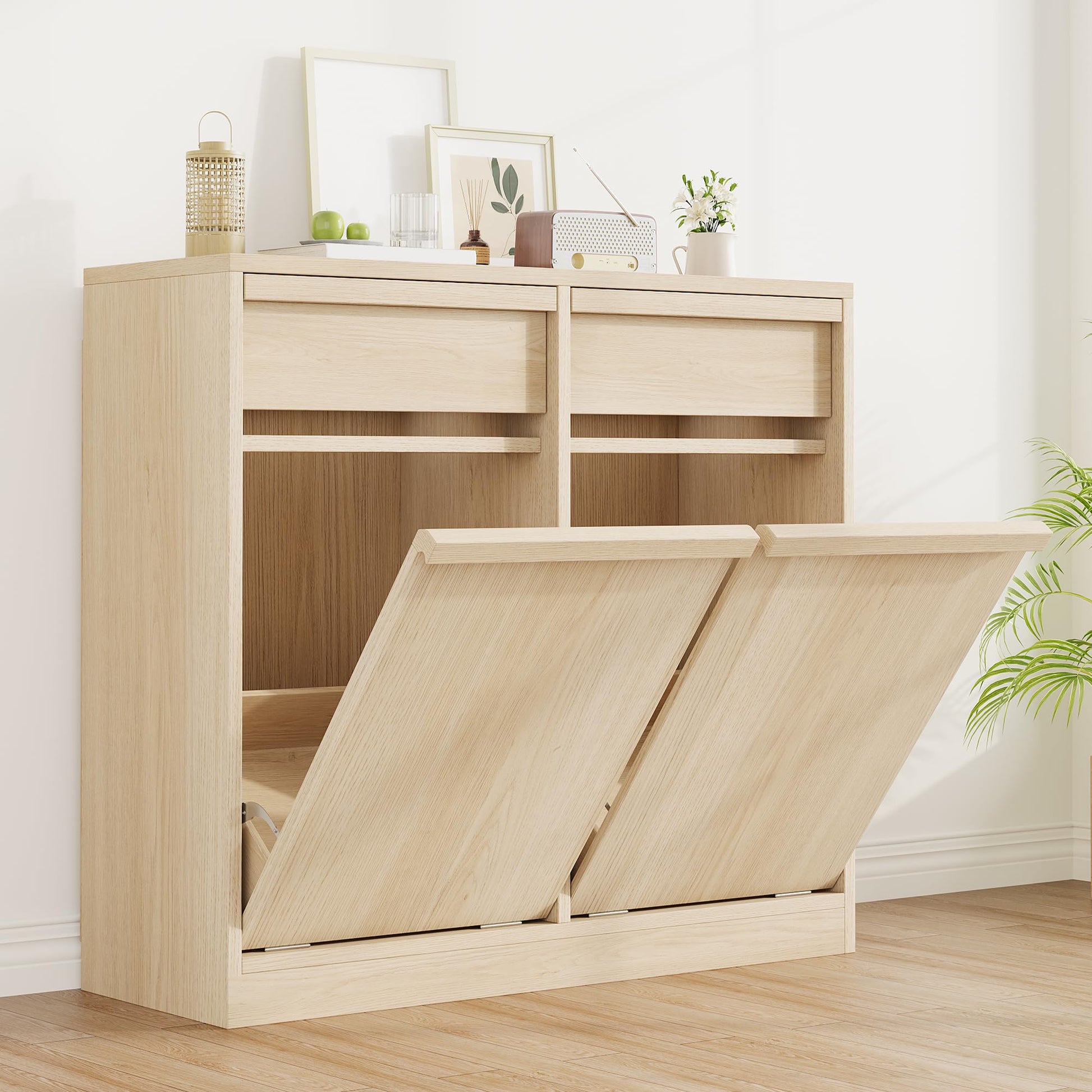 Poubelle moderne Garvee de 38 litres (10 gallons), résistante aux animaux, en bois, sur pied, pour la cuisine et le salon, gain de place, système basculant