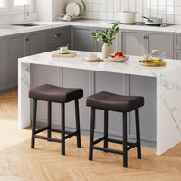 Garvee Lot de 2 tabourets de bar selle 61 cm, sans dossier, assise rembourrée incurvée, pieds métal et repose-pieds, pour îlot de cuisine ou bar, marron