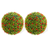 Boule de buis artificiel Garvee 42 cm avec fleurs rouges, résistante aux intempéries, facile d'entretien, en polyéthylène, idéale pour balcon et jardin.