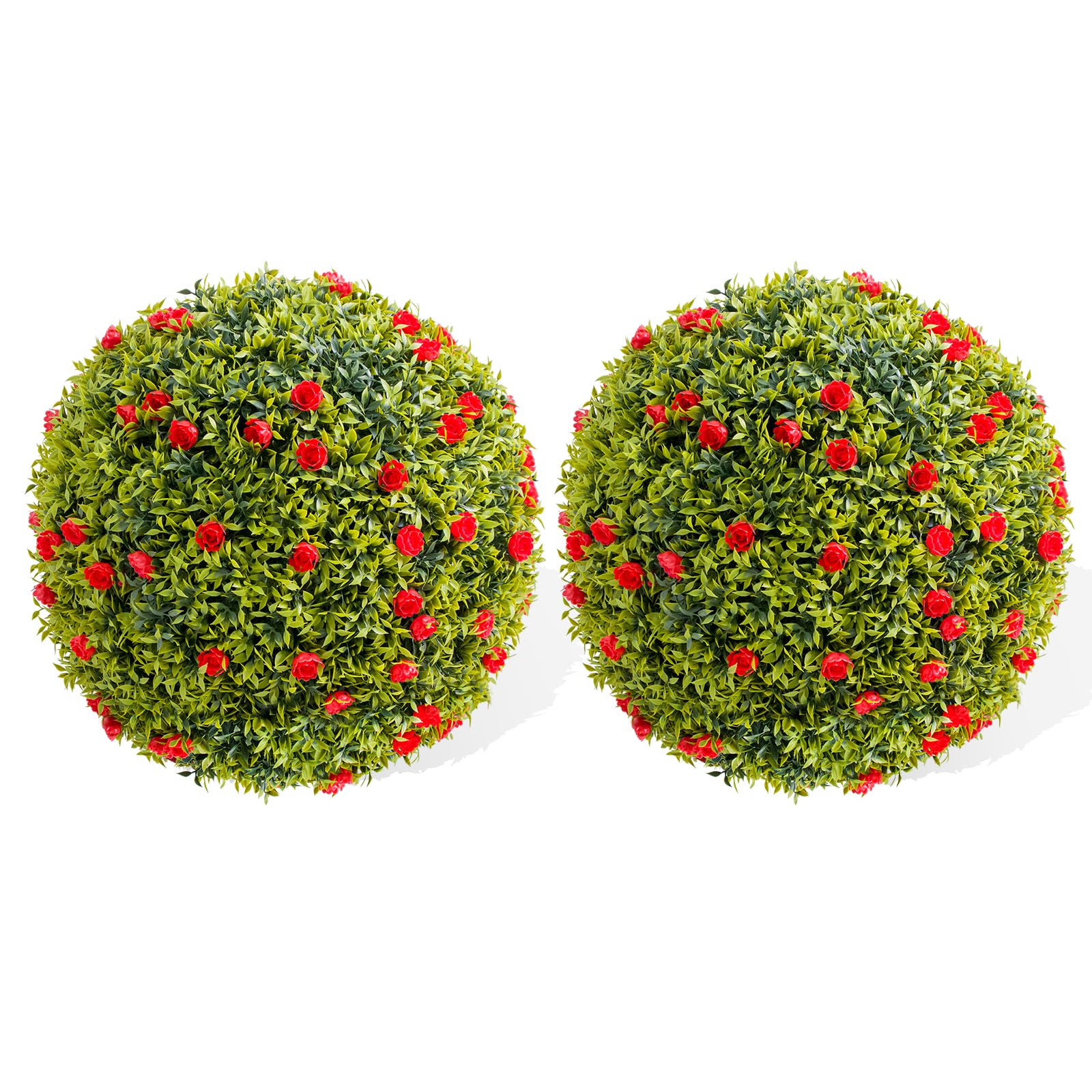 Boule de buis artificiel Garvee 42 cm avec fleurs rouges, résistante aux intempéries, facile d'entretien, en polyéthylène, idéale pour balcon et jardin.