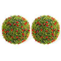 Boule de buis artificiel Garvee 42 cm avec fleurs rouges, résistante aux intempéries, facile d'entretien, en polyéthylène, idéale pour balcon et jardin.