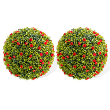 Boule de buis artificiel Garvee 42 cm avec fleurs rouges, résistante aux intempéries, facile d'entretien, en polyéthylène, idéale pour balcon et jardin.