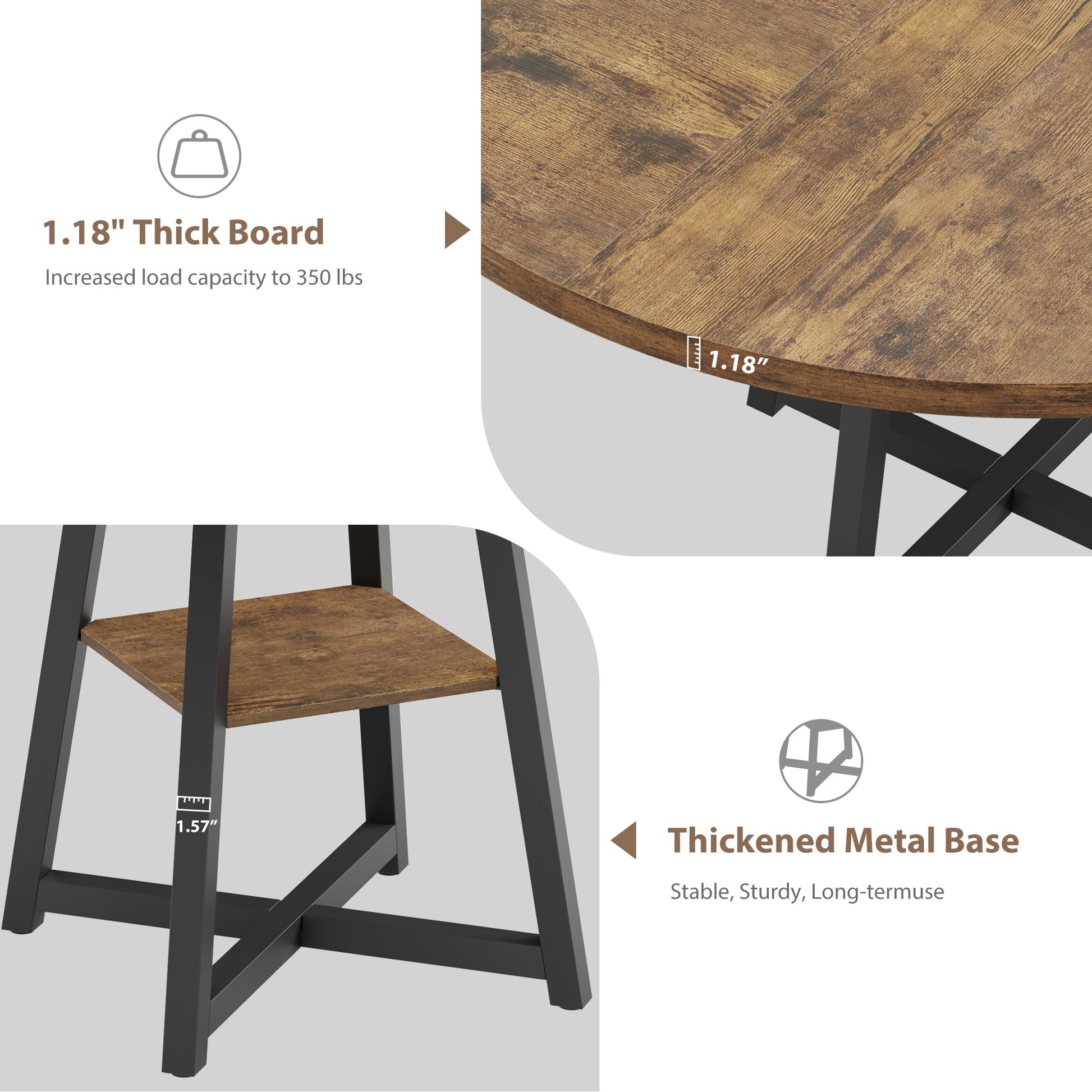Table de salle à manger ronde Garvee pour 4 à 6 personnes, 119 cm (47 pouces), structure en métal, plateau en bois, design industriel, gain de place, grise