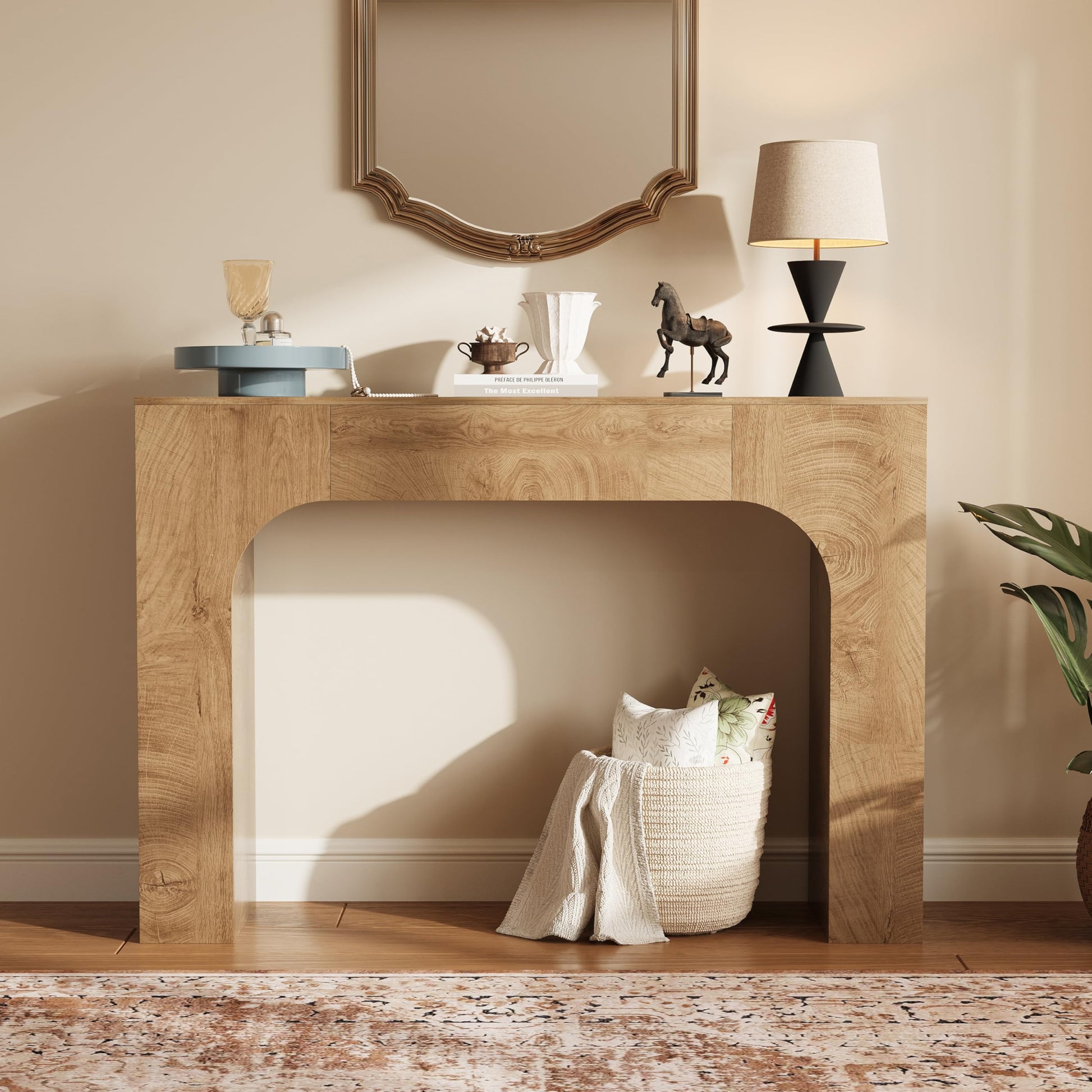 Console Garvee de style ferme de 119 cm (47 pouces), table d'entrée étroite en bois, construction robuste, salon, couloir, chêne foncé