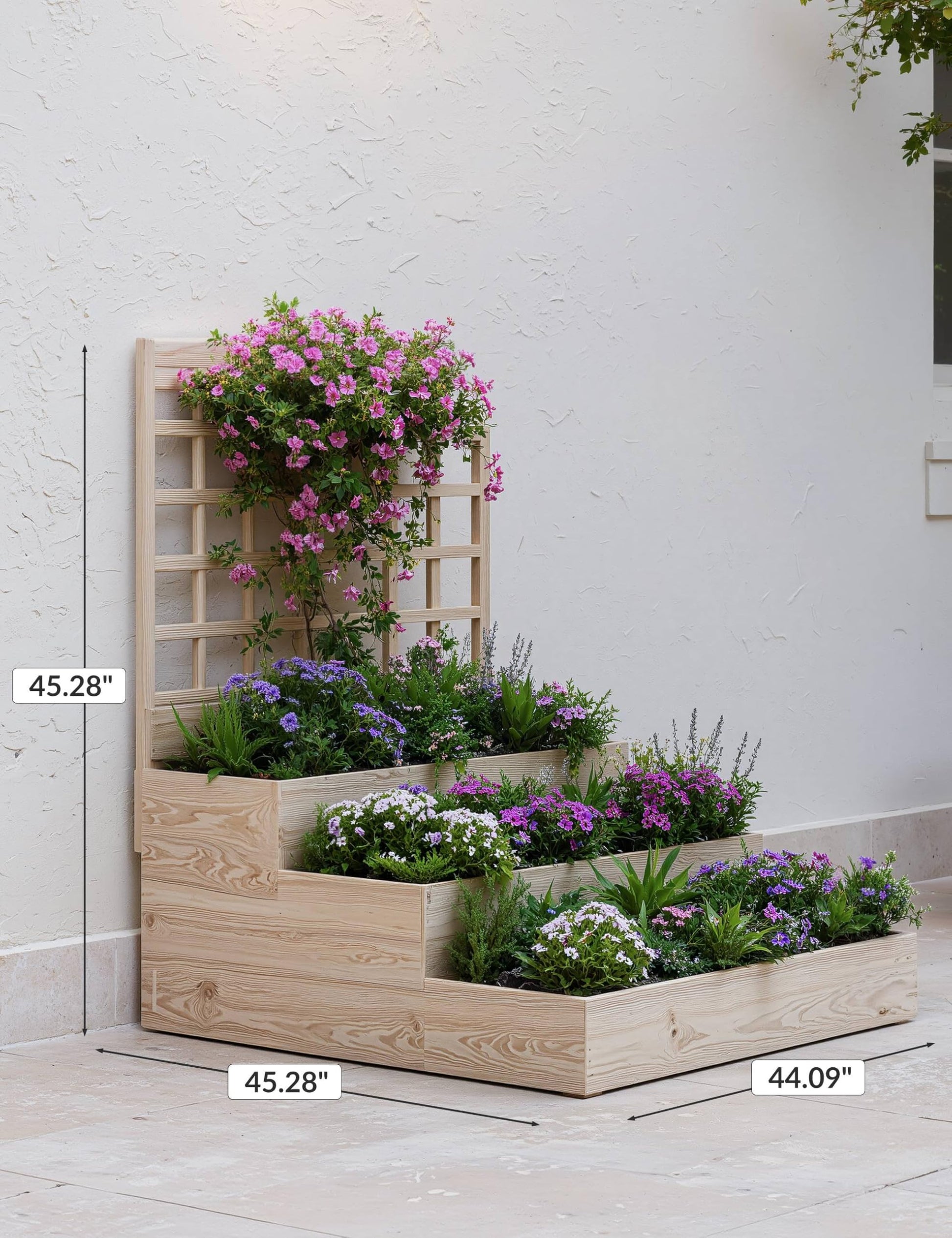 Jardinière surélevée à 3 niveaux Garvee en bois d'épicéa avec treillis pour balcon et jardin, modulaire, ouverte, en bois naturel