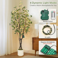 Eucalyptus artificiel Garvee de 1,5 m avec 50 lumières LED, pot en plastique, branches ajustables, facile d'entretien, idéal pour le salon et le bureau, blanc