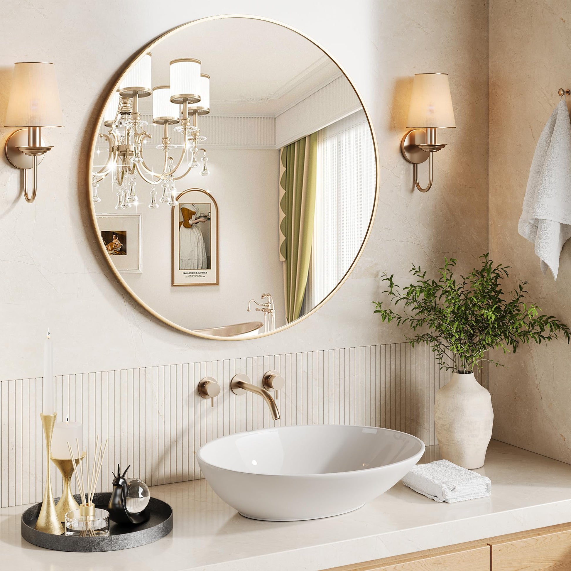 Miroir mural rond Garvee 91 cm (36 po) doré, cadre en métal doré mat, pour salle de bain et salon, grand cercle, verre écologique HD