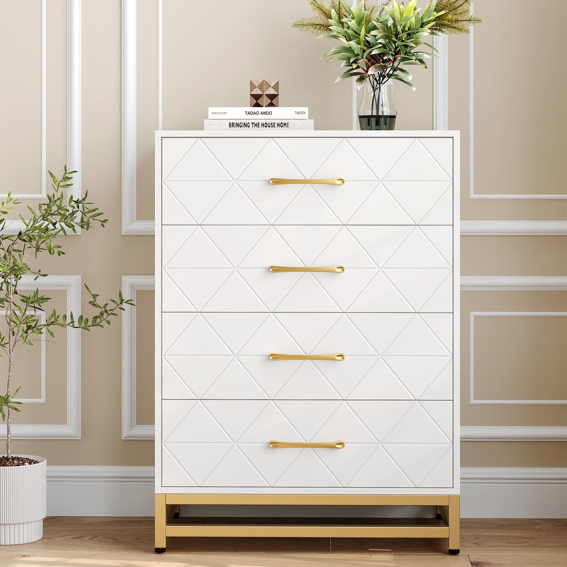 Commode Garvee pour chambre à coucher, 4 tiroirs, style moderne, poignées en métal, structure en MDF, blanche, robuste, grand espace de rangement, idéale pour le bureau ou le salon.