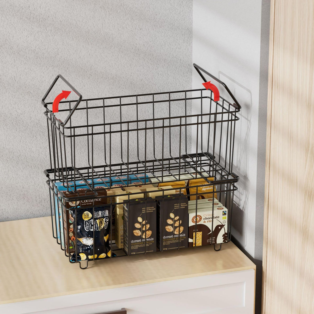 Paniers de rangement Garvee en fil métallique, acier thermolaqué, empilables, avec poignées, pour la cuisine et le bureau, grand format, ouverts, noirs