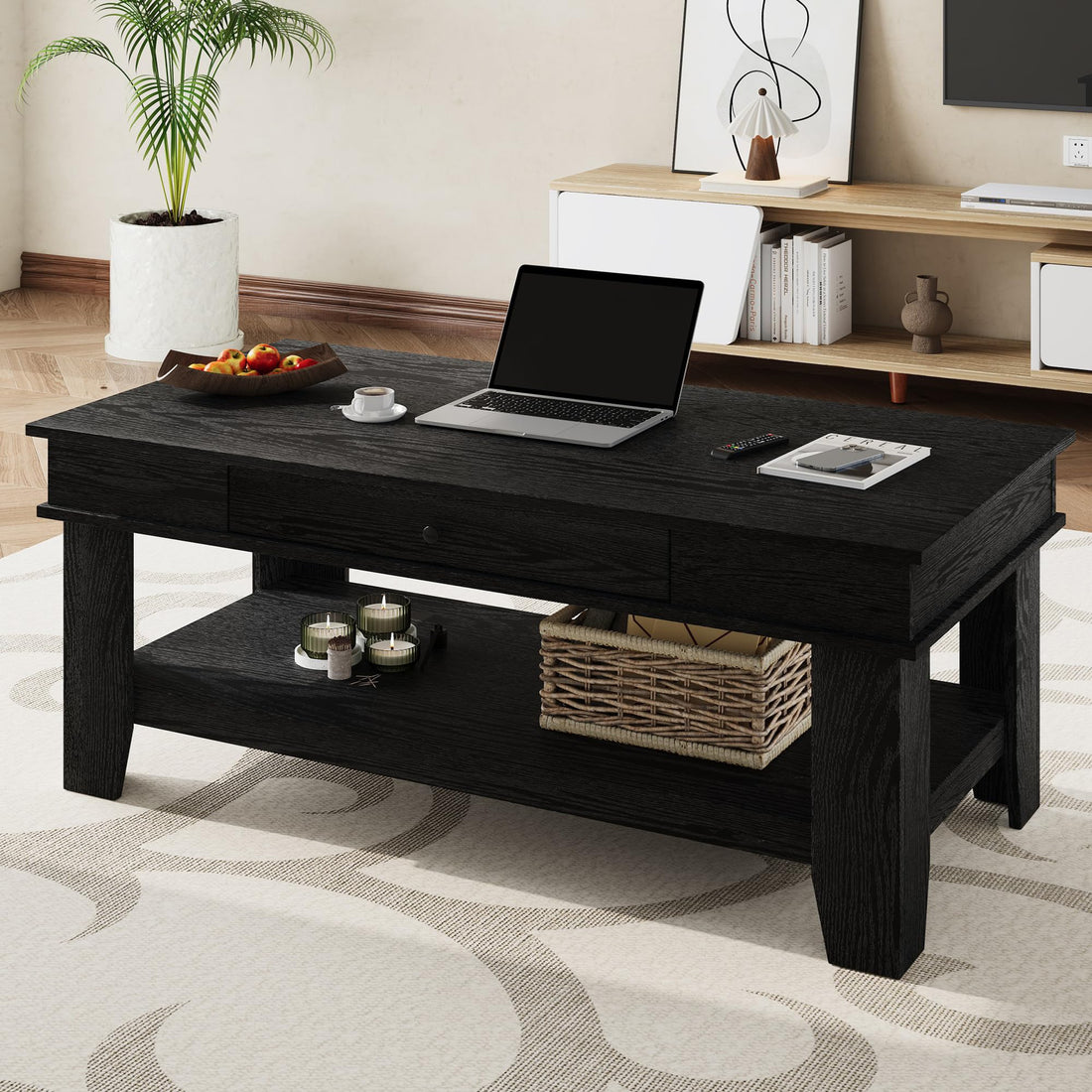 Table basse Garvee grand format avec tiroir et étagère, pieds en L, bois, design moderne, salon, 120 cm, marron