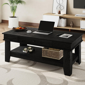 Table basse Garvee grand format avec tiroir et étagère, pieds en L, bois, design moderne, salon, 120 cm, marron