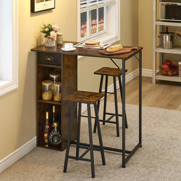 Ensemble table et chaises de bar Garvee avec triple rangement, ensemble bistro pour 2 personnes, structure robuste en fer, plateau en MDF, coussins ergonomiques, compact pour cuisine et bistro.