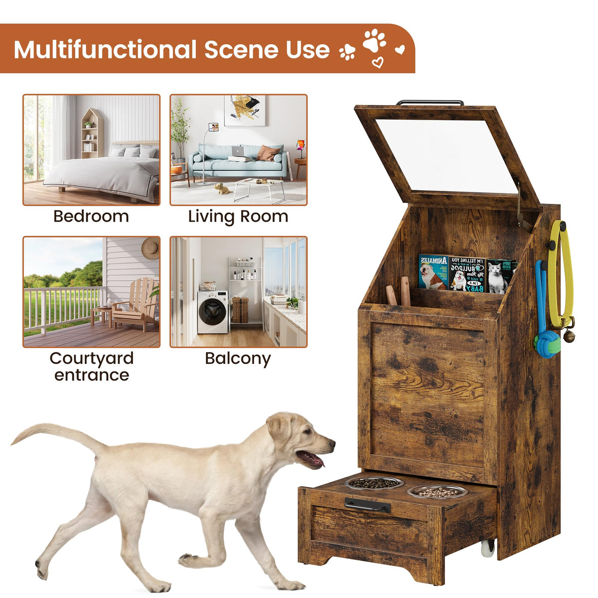 Station d'alimentation pour chien Garvee avec 2 gamelles surélevées en acier inoxydable, couvercle rabattable, grand espace de rangement pour salon et balcon, robuste, en bois, distributeur de croquettes dissimulé