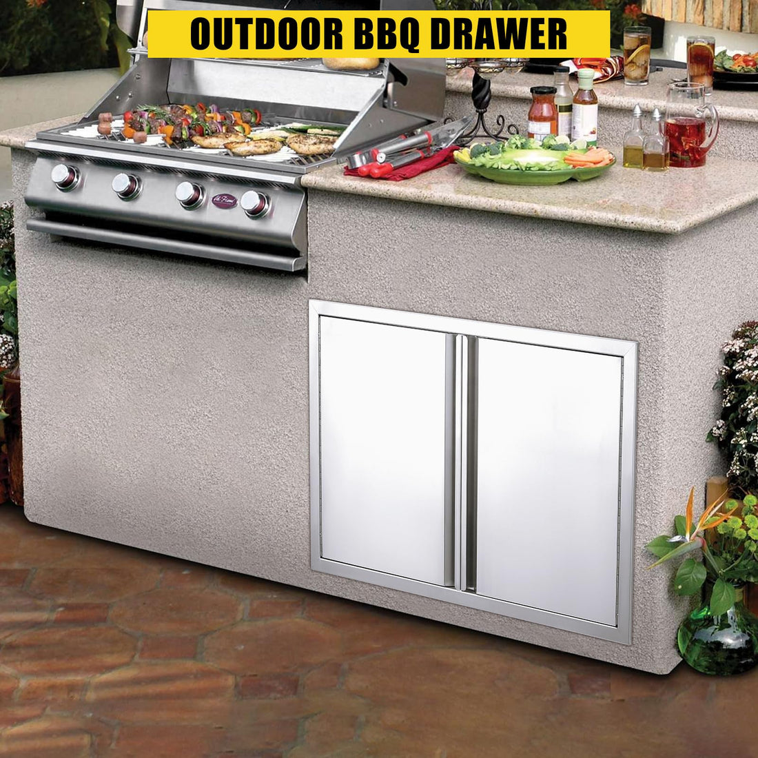 Garvee Porte d'accès pour barbecue 71,1 x 48,3 cm, en acier inoxydable 304, double porte tous temps, pour cuisine extérieure, couleur argent