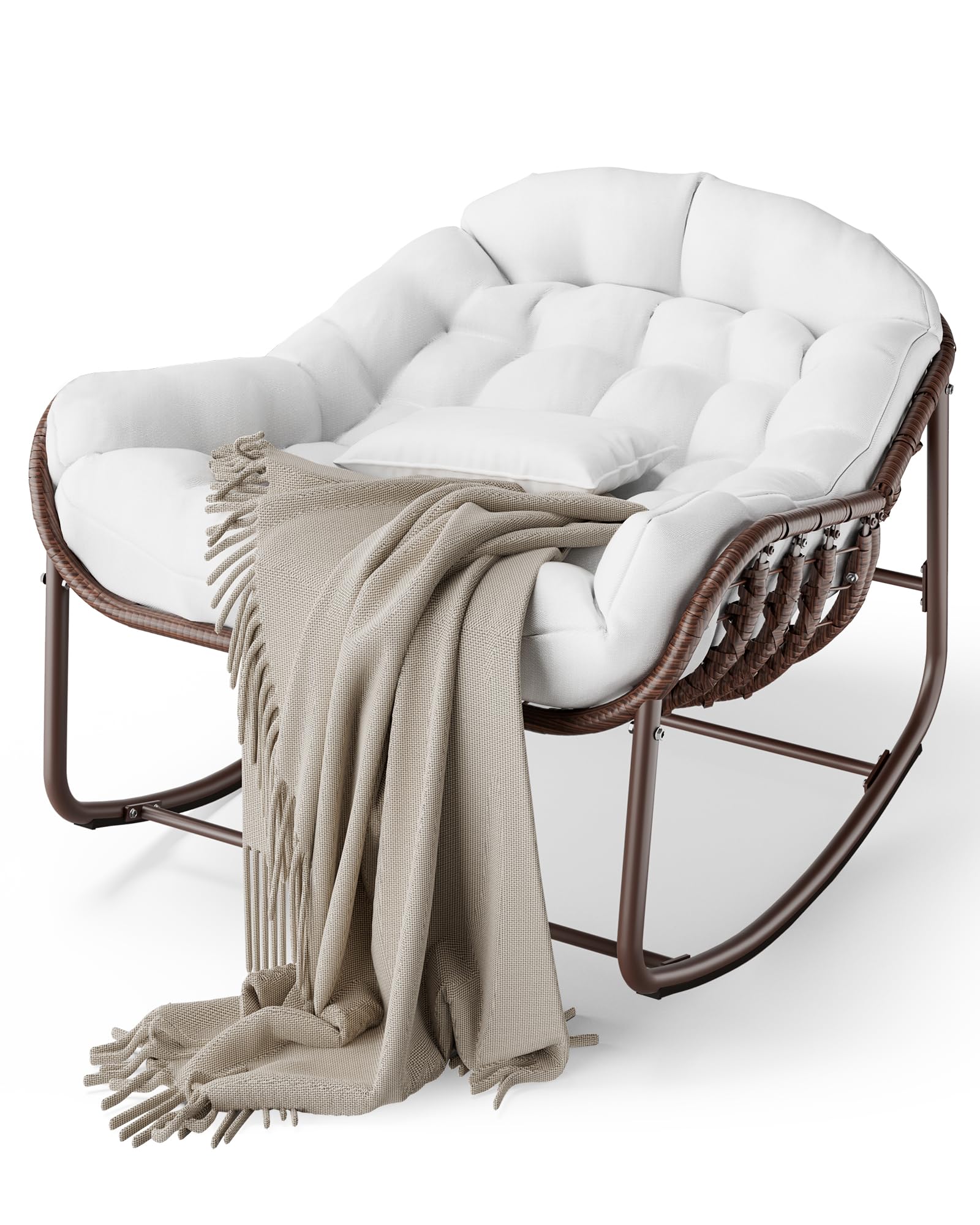 Garvee Fauteuil œuf à bascule intérieur extérieur, rotin effet naturel, format oversize, coussin rembourré en oléfine résistante, jardin et porche