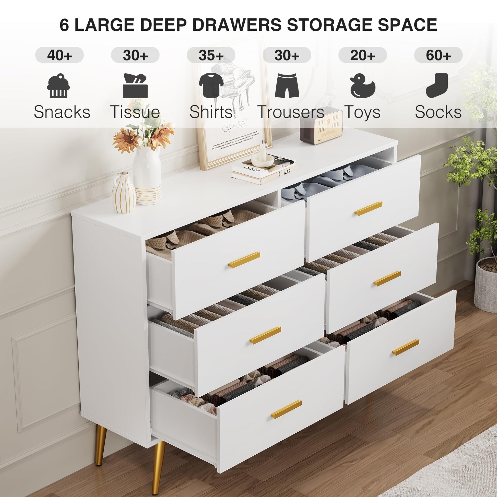 Garvee commode moderne blanche à 6 tiroirs, poignées dorées, pour la chambre et le salon