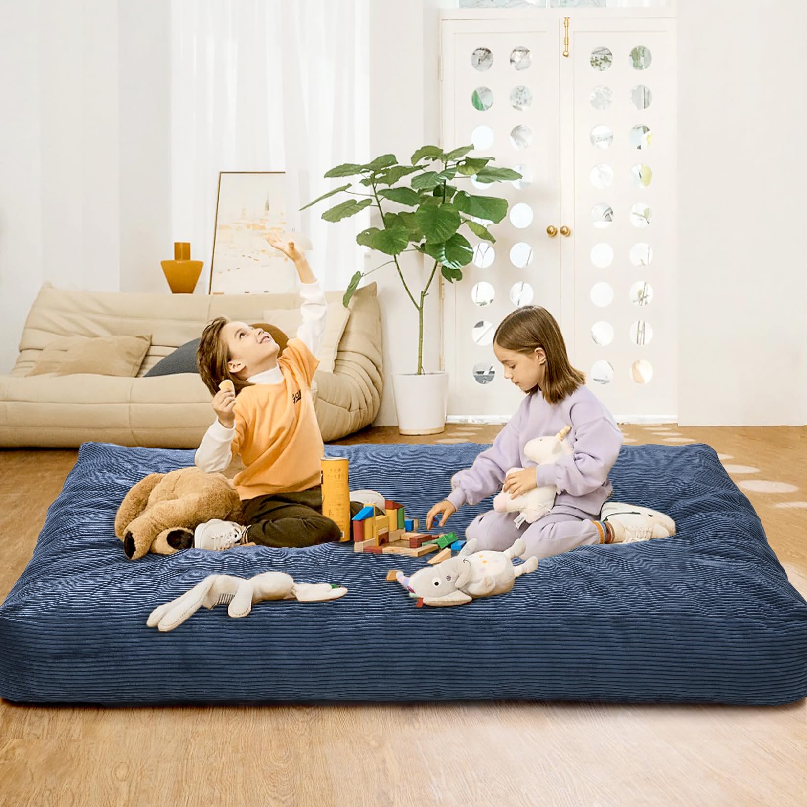 Pouf Garvee, 2 en 1, garni de mousse, revêtement en velours côtelé, bleu marine, pour salon et chambre, grand format, confortable