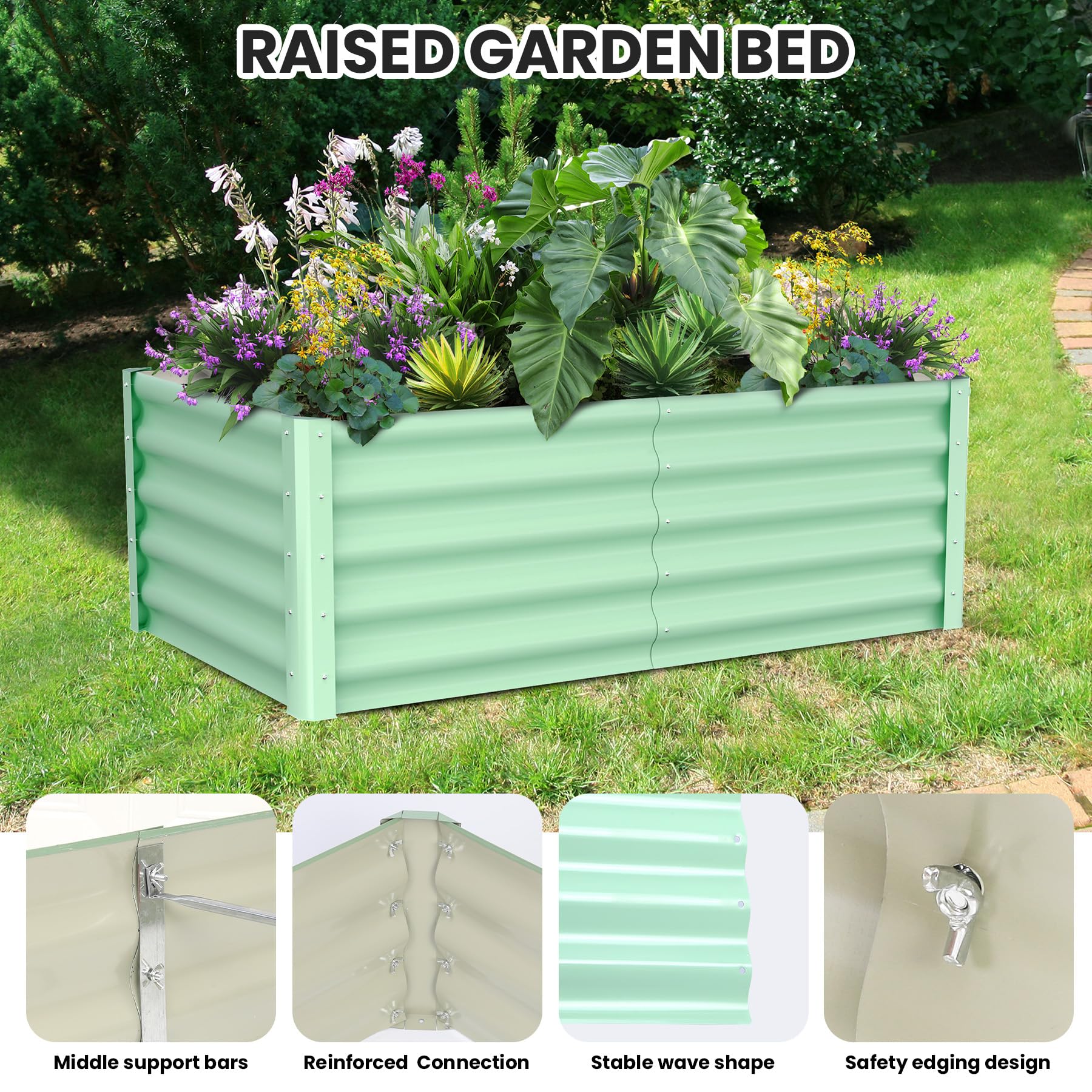 Jardinière surélevée galvanisée Garvee 180 x 90 x 45 cm en acier avec rebord de sécurité pour jardin et terrasse, durable et antirouille