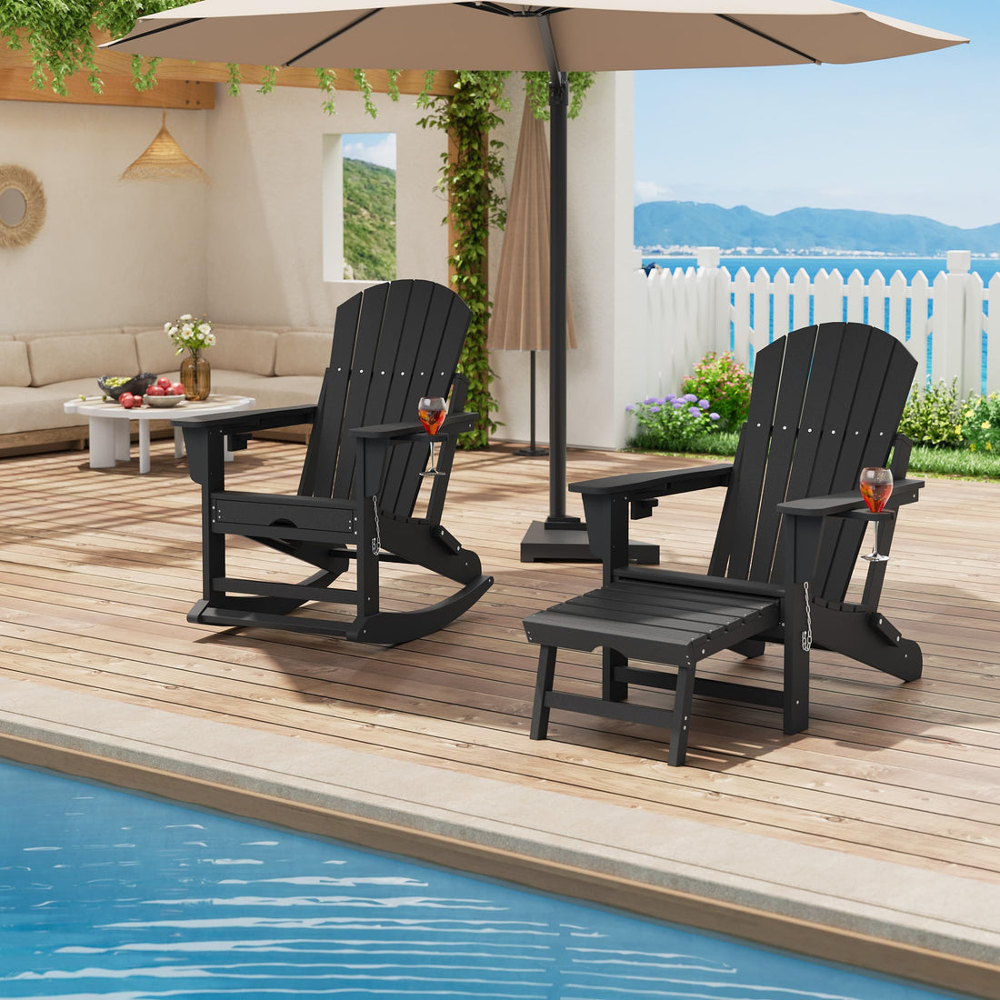 Garvee Fauteuil Adirondack 4-en-1 Pliable avec Repose-Pieds Escamotable et Porte-Gobelet, en HDPE Résistant, Base Amovible, Noir