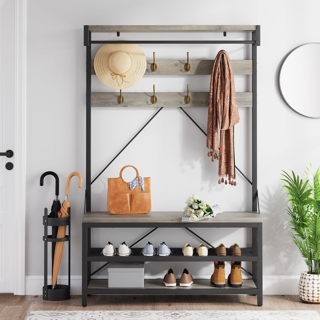 Garvee Porte-manteau industriel avec 8 crochets et banc à chaussures, en métal et bois, pour entrée et couloir, style vintage, noir