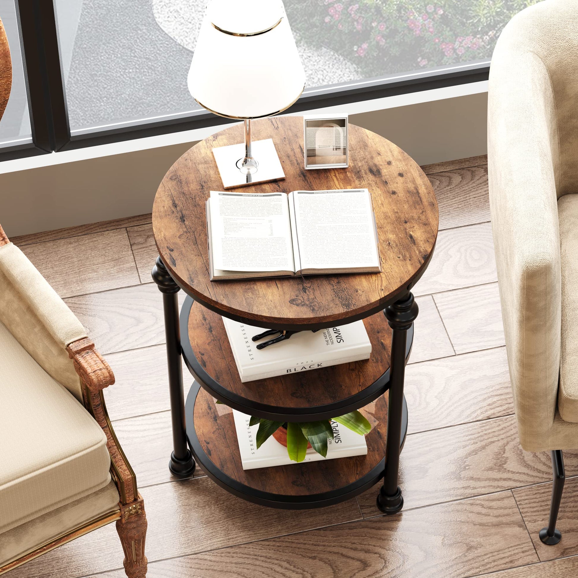 Garvee table d'appoint ronde à 3 étagères, structure en acier, plateau en MDF, dimensions 46 cm (P) × 46 cm (L) × 60 cm (H), chêne foncé
