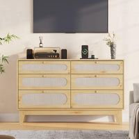 Garvee commode en rotin, 6 tiroirs, ports USB, bois naturel, style bohème, chambre et salon, 132 cm (L) × 79 cm (H), coloris naturel