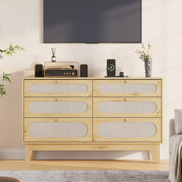 Garvee commode en rotin, 6 tiroirs, ports USB, bois naturel, style bohème, chambre et salon, 132 cm (L) × 79 cm (H), coloris naturel