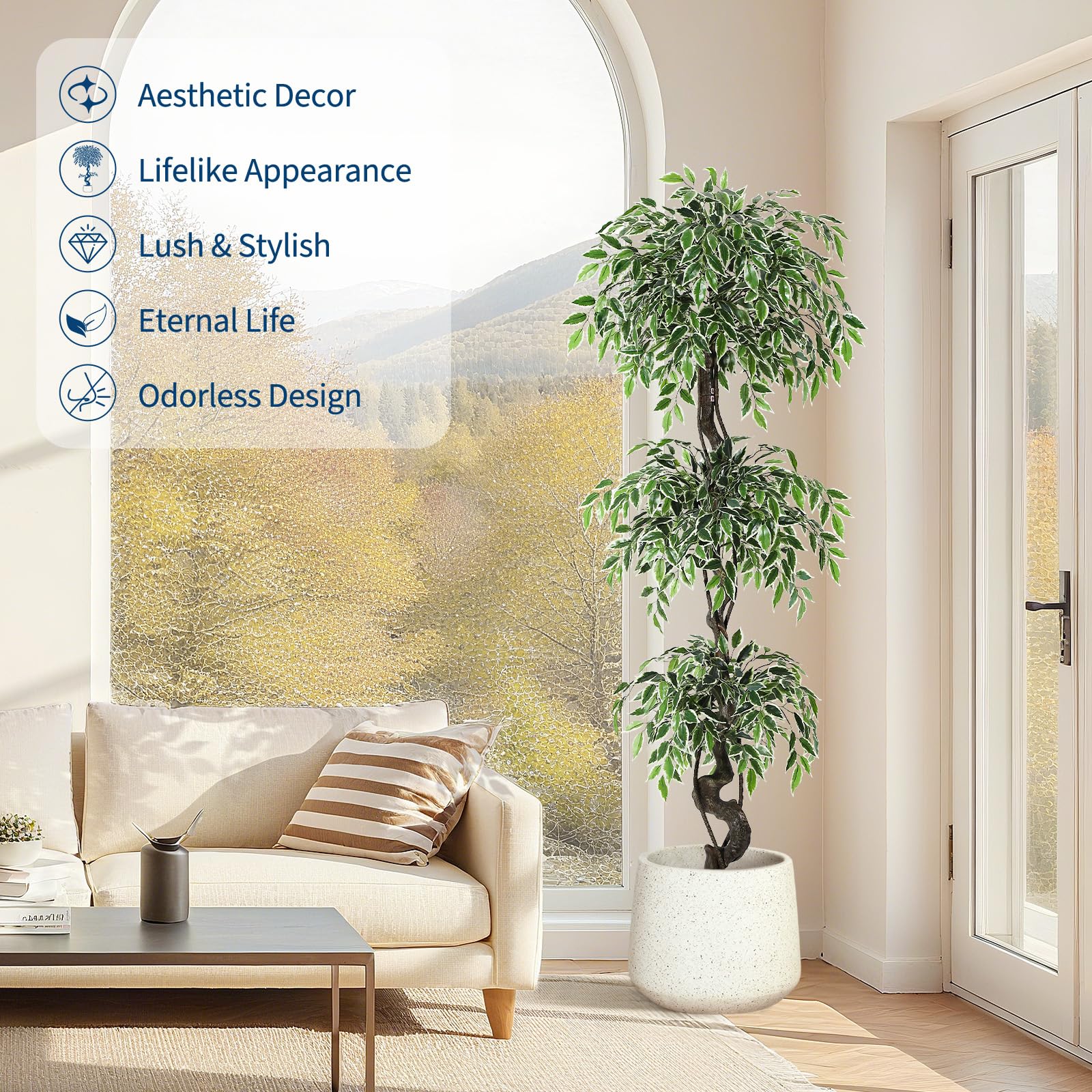 Garvee Ficus artificiel panaché blanc 180 cm en PE, feuillage réaliste et durable pour décoration intérieure et extérieure