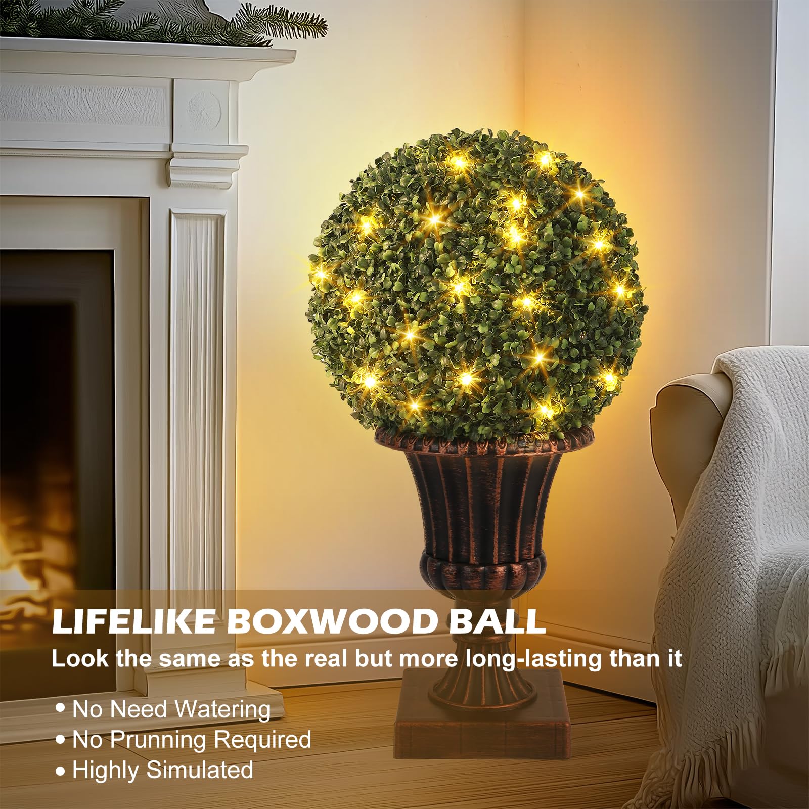 Garvee Boules de buis artificielles 40 cm avec éclairage LED et base dorée, décoration verte pour jardin, terrasse et balcon
