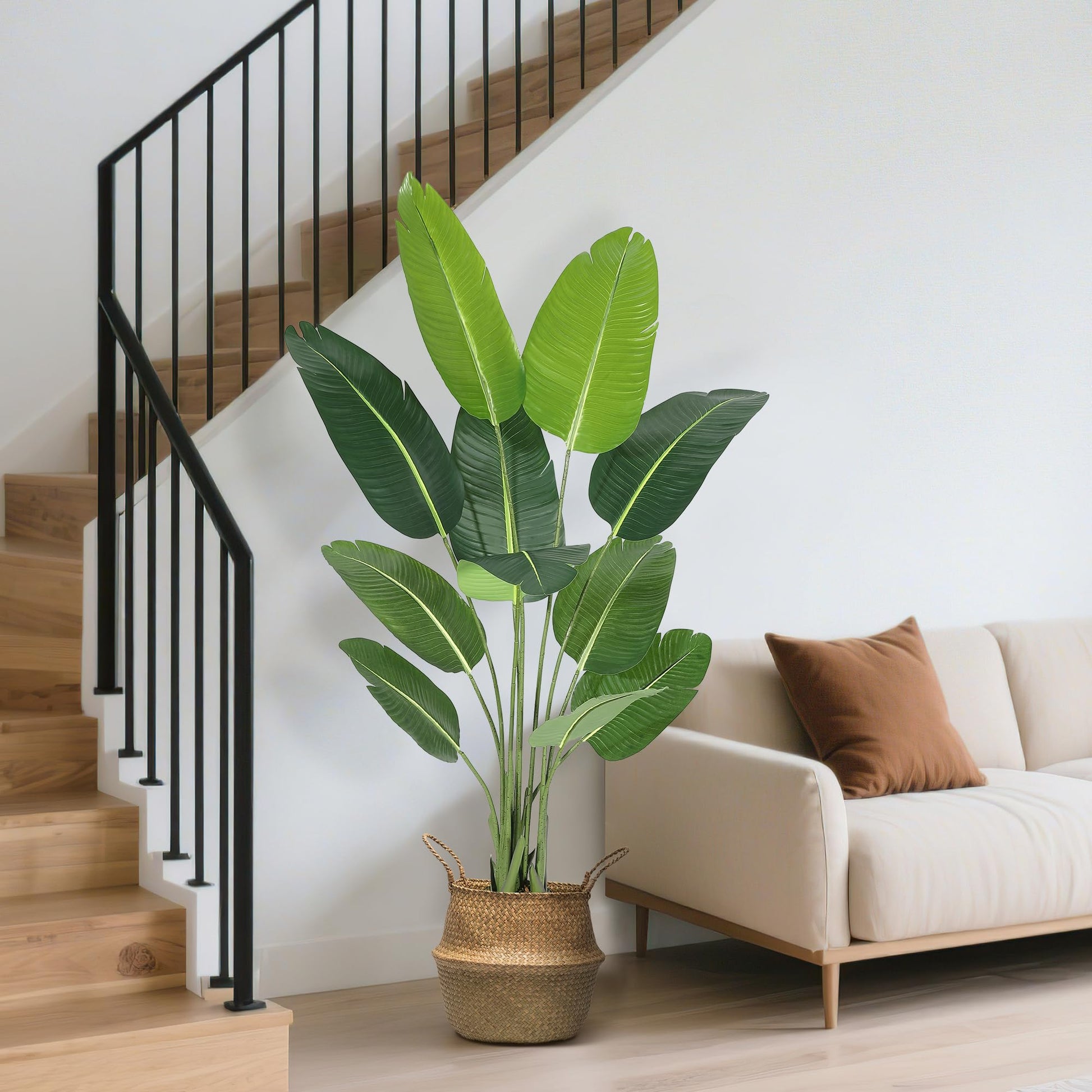 Arbre artificiel Oiseau de Paradis Garvee de 1,7 m (5,5 pi) avec 11 troncs, pot en ciment ajustable, décoration intérieure et extérieure, vert