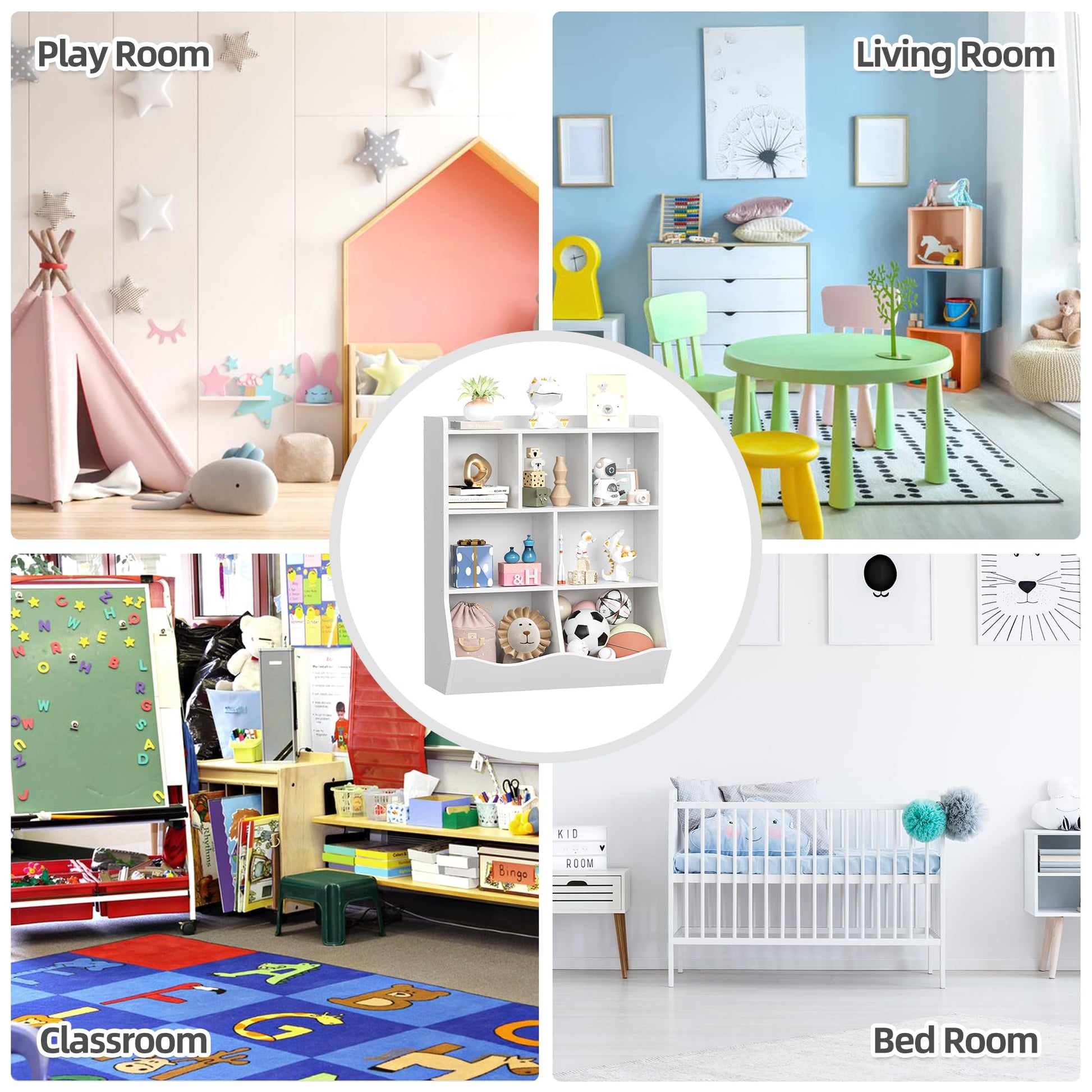 Meuble de rangement pour jouets Garvee blanc, bibliothèque pour enfants, 3 niveaux, anti-basculement, en bois robuste, salle de jeux