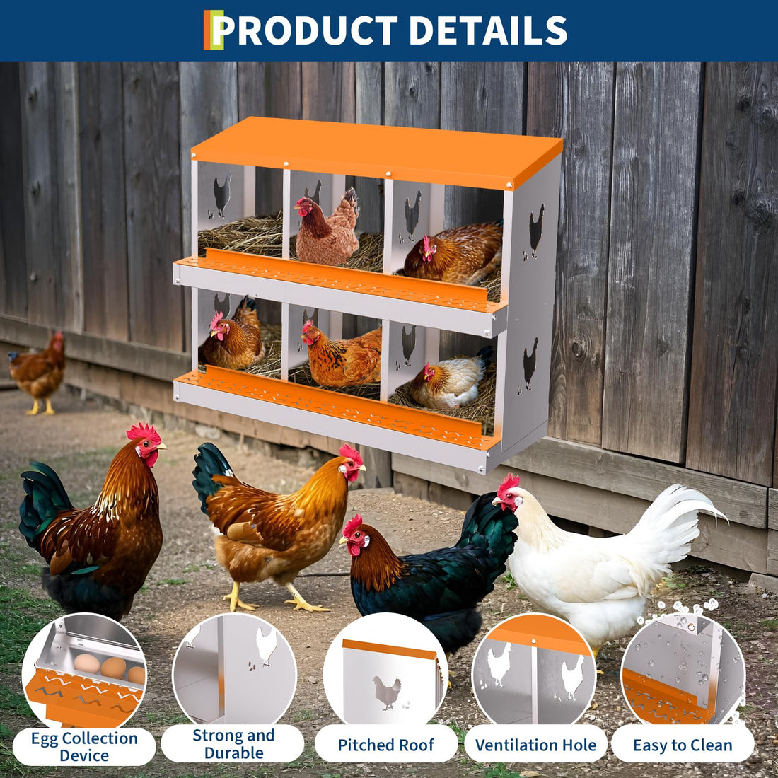 Garvee Nichoir à 6 compartiments, en acier galvanisé avec plateau de récupération des œufs, 81 × 43 × 47,5 cm, pour poules, canards, oies et lapins, jardin et ferme (support non inclus)