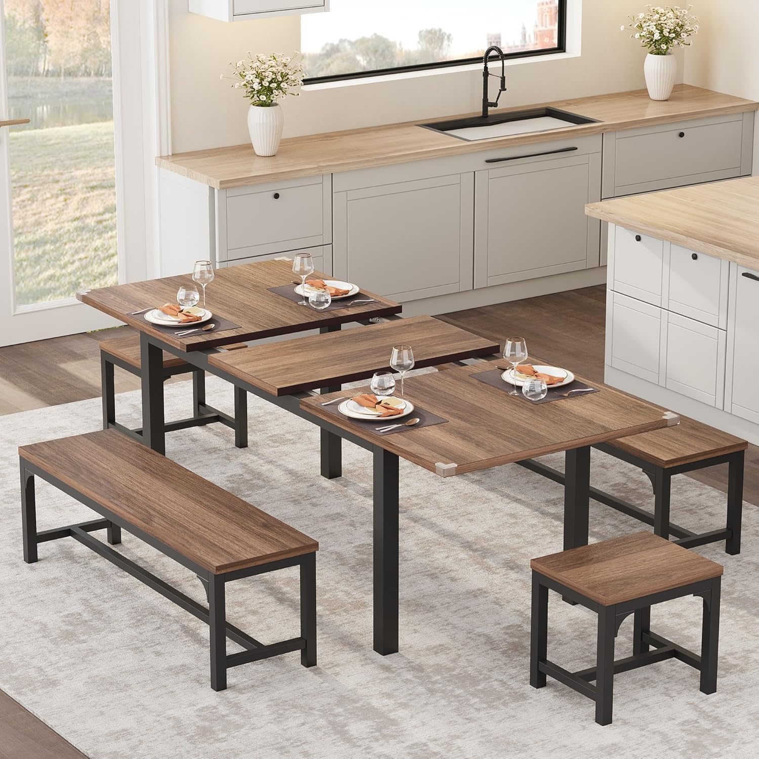 Ensemble table et chaises extensibles Garvee pour 6 à 8 personnes, structure en métal et plateau en MDF, 160 cm (63 pouces), noir industriel, idéal pour la cuisine et la salle à manger.