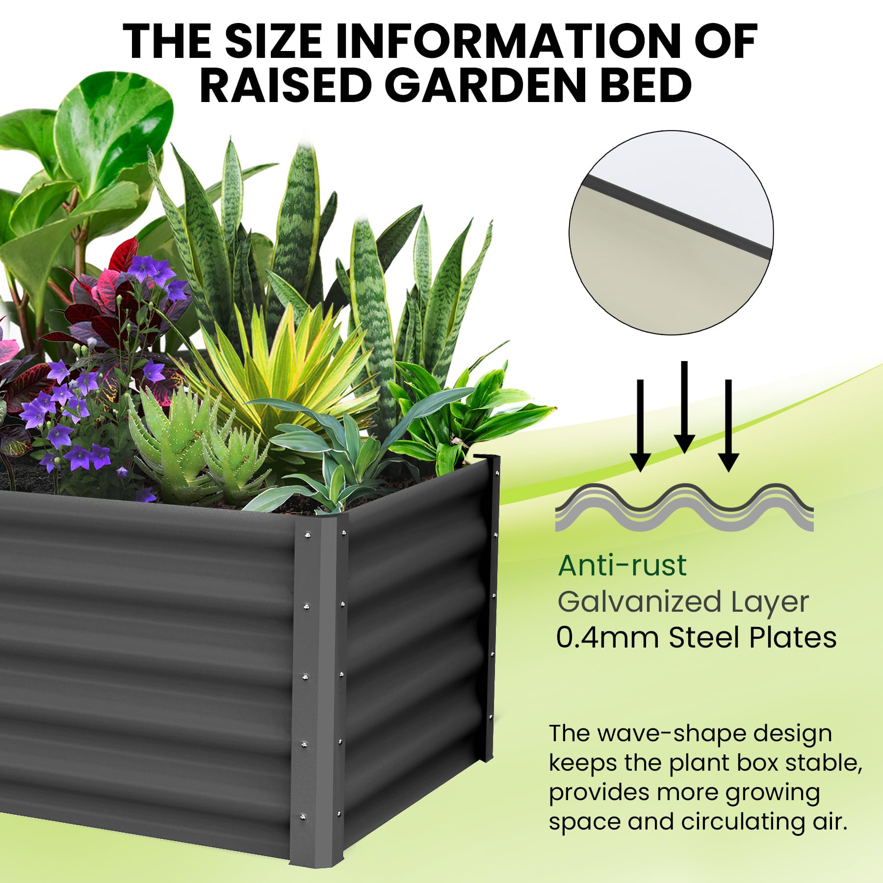 Jardinière surélevée galvanisée Garvee 182 x 91 x 46 cm (6 x 3 x 1,5 pi) - Construction robuste en acier - Protection antirouille - Fond ouvert - Coins de sécurité