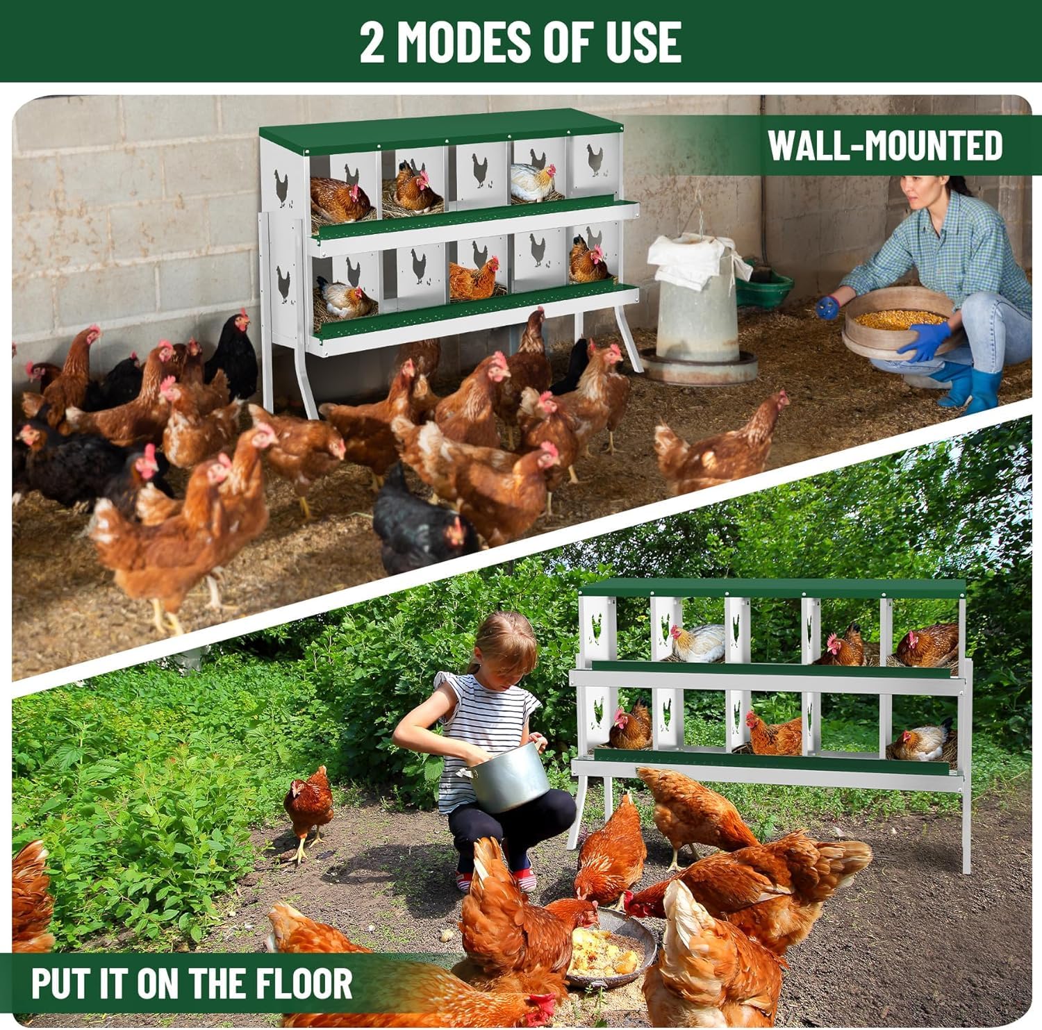 Garvee pondoir pour poules à 10 compartiments avec support métallique, acier galvanisé de 0,7 mm, collecte automatique des œufs, idéal pour poulaillers, fermes et jardins, vert