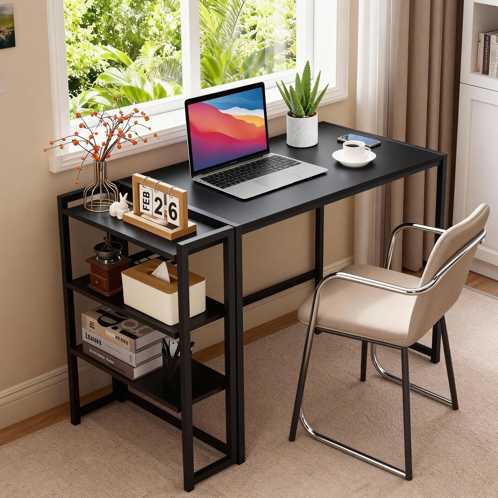 Bureau pliant Garvee 35 pouces avec étagère pour bureau et maison, gain de place, robuste, panneaux de particules P2, structure métallique, 35 x 20 pouces, noir