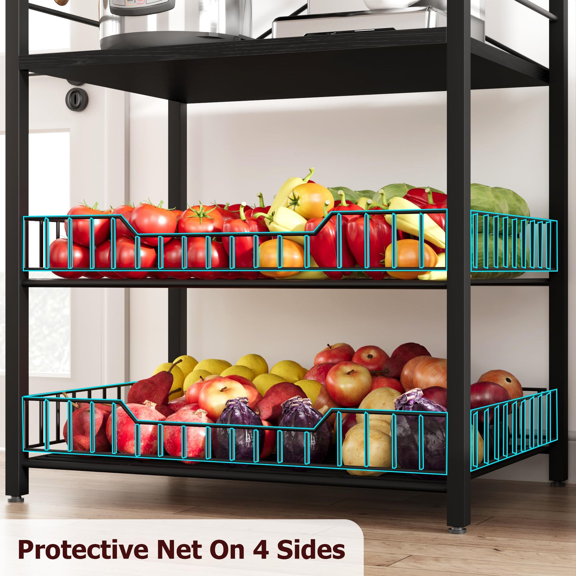 Étagère de cuisine Garvee Bakers Rack à 5 niveaux, 2 paniers métalliques, 8 crochets, en MDF et acier robustes, noir rustique, idéale pour la cuisine et le coin café.
