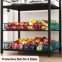 Étagère de cuisine Garvee Bakers Rack à 5 niveaux, 2 paniers métalliques, 8 crochets, en MDF et acier robustes, noir rustique, idéale pour la cuisine et le coin café.