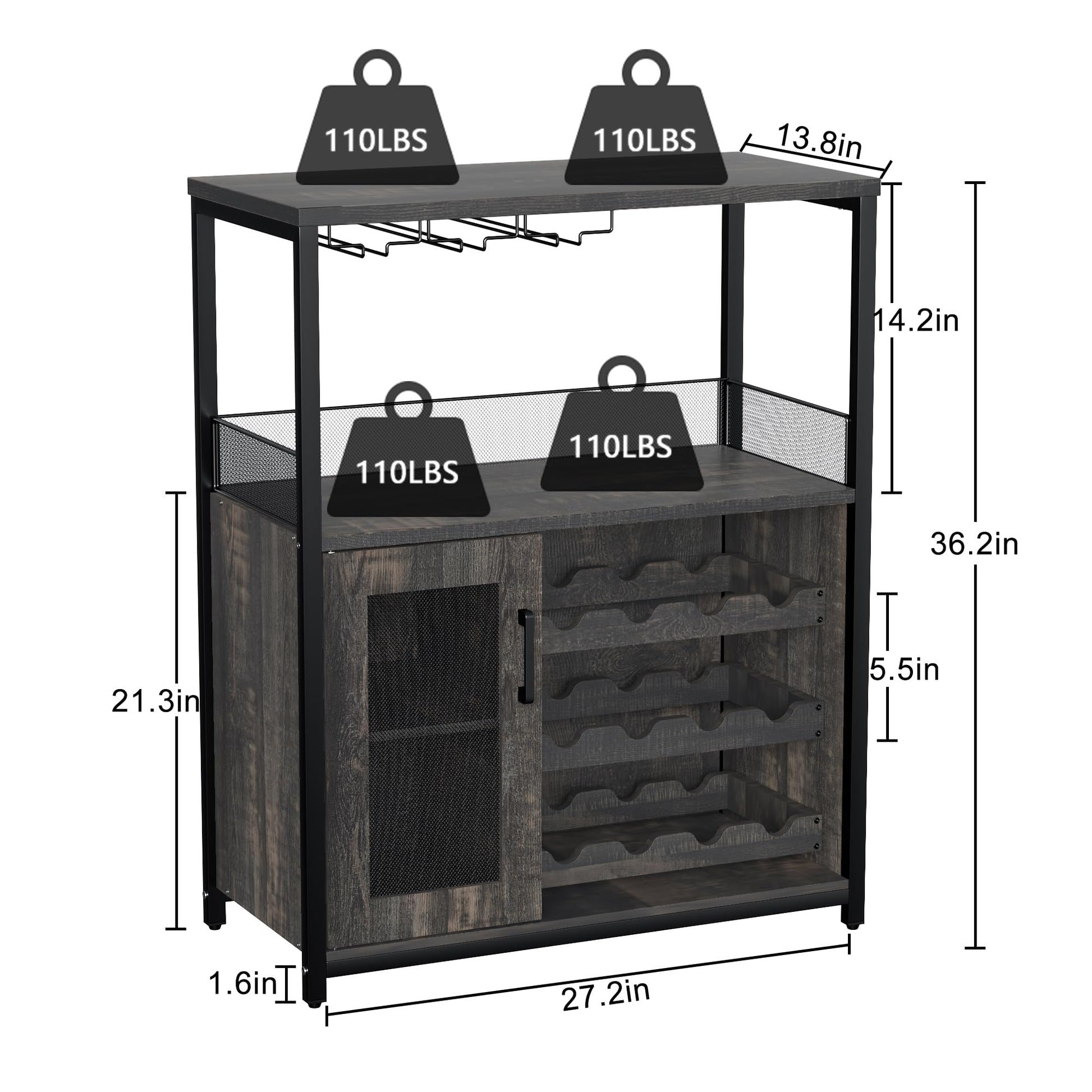 Meuble bar à vin Garvee à 3 niveaux avec casier à bouteilles amovible et porte-verres, idéal pour la cuisine et le salon. Dimensions : 69 cm (L) x 35 cm (P) x 92 cm (H). Matériaux : MDF et fer.