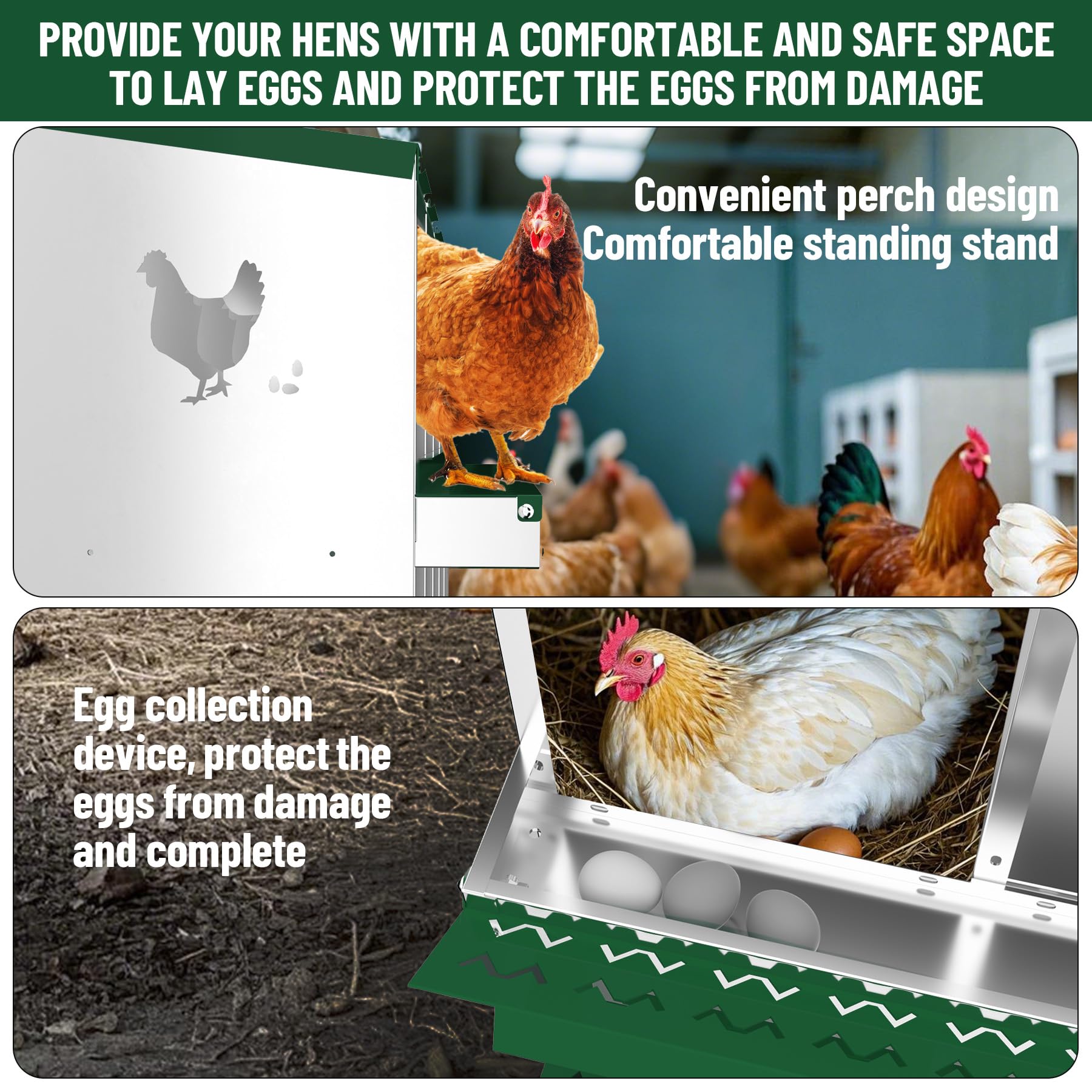 Garvee pondoir métallique pour poules à 6 compartiments, nichoir de ponte avec système de collecte des œufs par roulement, trous d’aération, vert, idéal pour poulailler et basse-cour