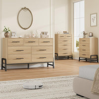 Commode Garvee en bois, autoportante, 5 tiroirs, armoire haute, poignées noires, idéale pour la chambre et le bureau. Robuste, polyvalente et au design moderne.