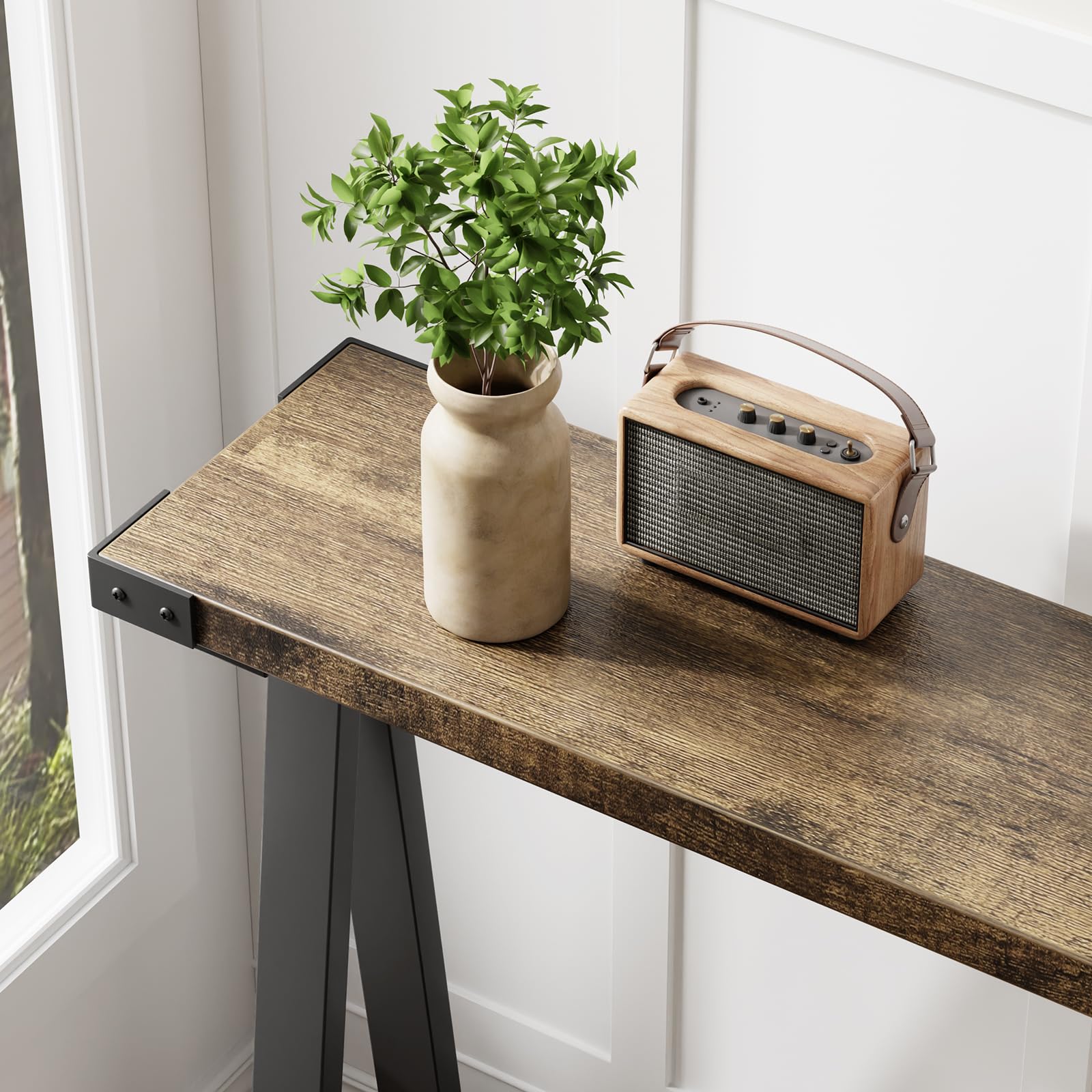Console Garvee pour entrée, 2 niveaux avec rangement, pieds en forme de R, bois, 110 cm, salon et bureau, étroite, polyvalente