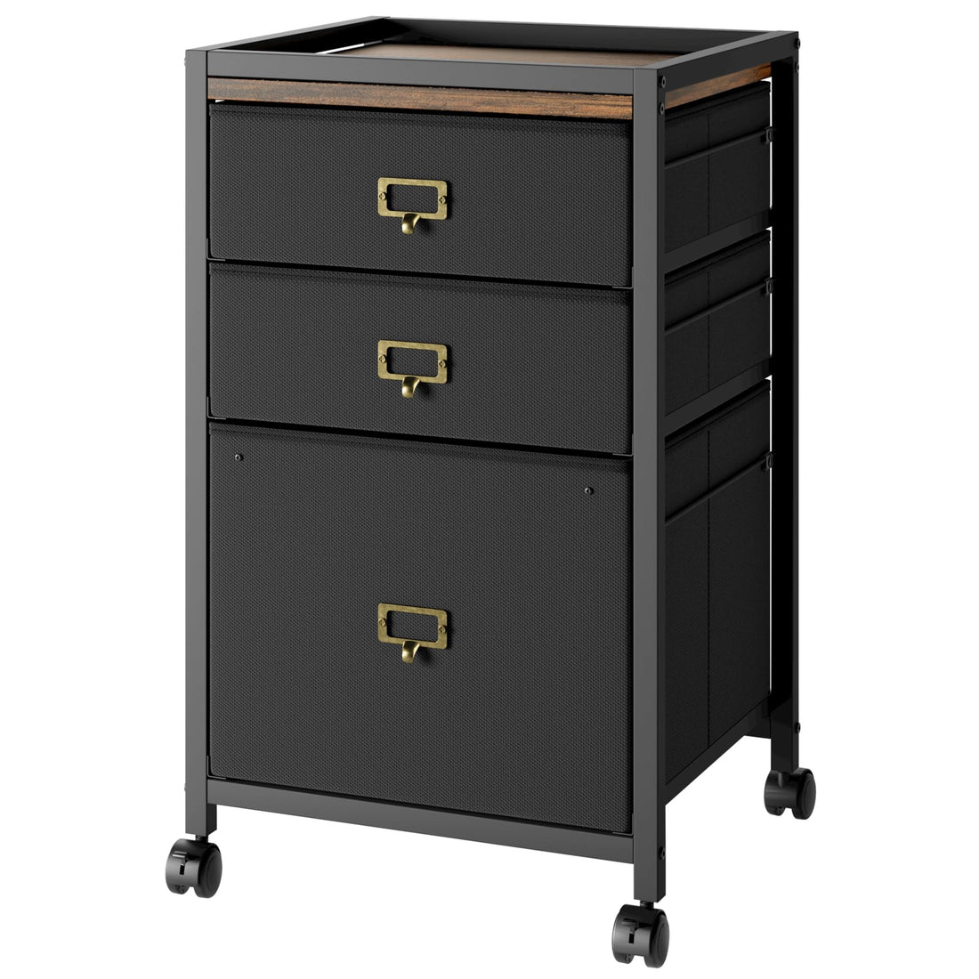 Garvee Caisson de classement mobile 3 tiroirs avec roulettes, cadre métal, plateau MDF, compatible A4/Lettre, noir rustique, bureau maison