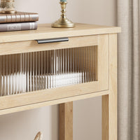 Garvee Console en MDF Bois naturel avec 2 Tiroirs à Façades en Verre, L. 110 × P. 30 × H. 80 cm, Meuble de Rangement pour Salon et Entrée
