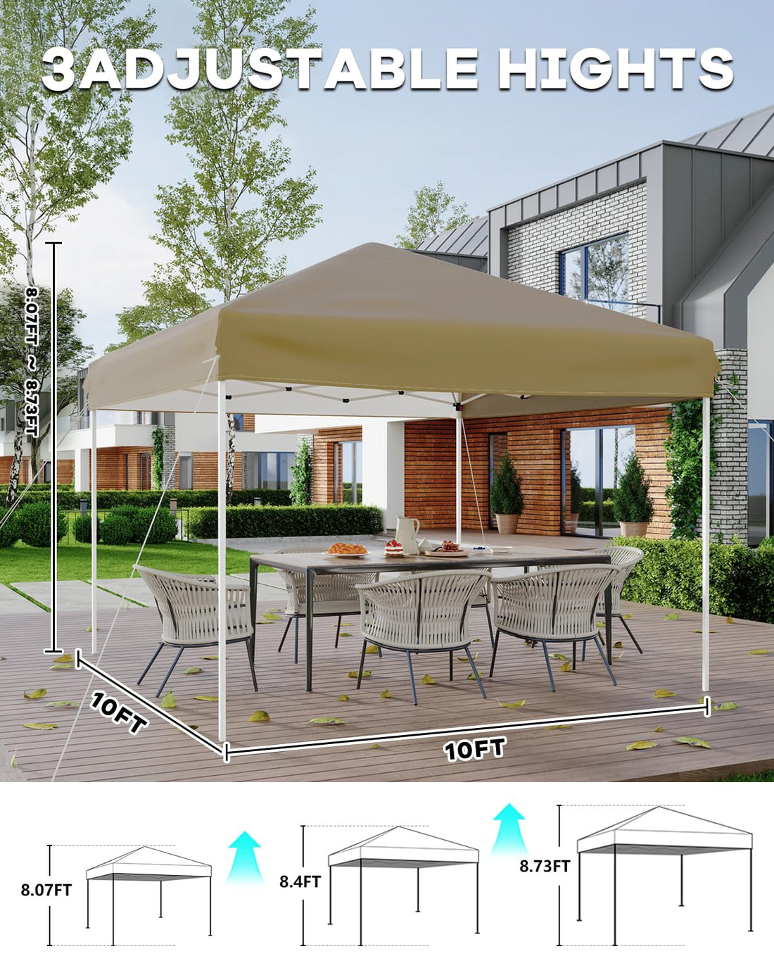 Pavillon pliant Garvee 3 x 3 m (10 x 10 pi) kaki, montage rapide sans outil, polyester, protection UV, pliable et léger pour événements en extérieur
