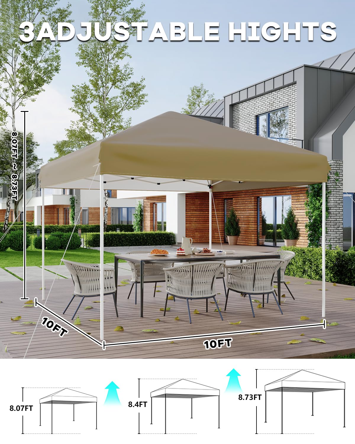 Pavillon pliant Garvee 3 x 3 m (10 x 10 pi) kaki, montage rapide sans outil, polyester, protection UV, pliable et léger pour événements en extérieur